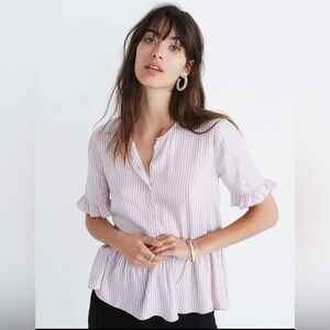 Madewell Lavender and White Striped Peplum Button Blouse
